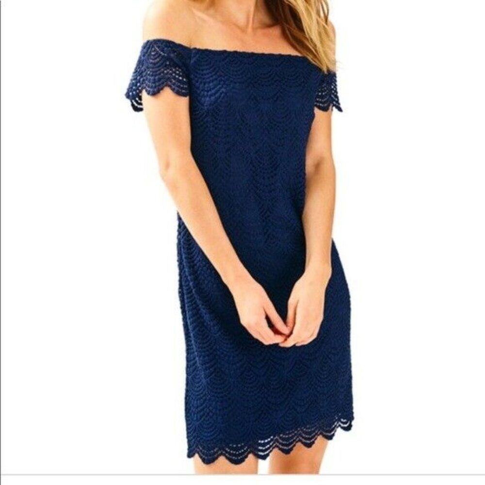 Lilly Pulitzer Jade Dress Women's Small True Navy Off Shoulder Lace Shift Short